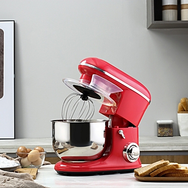 HOMCOM Stand Mixer with 6+1P Speed, 600W Tilt Head Kitchen Electric Mixer with 6 Qt Stainless Steel Mixing Bowl, Beater, Dough Hook and Splash Guard for Baking Bread, Cakes, and Cookies, Red. View a larger version of this product image.