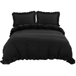 PiccoCasa 3 Pieces Queen Black Soft Duvet Cover Sets, 110GSM Ruffle Fringe Brushed Breathable Comdy Bed Comforter Quilt Cover Sets (1 Duvet Cover + 2 Pillowcases) with Corner Ties