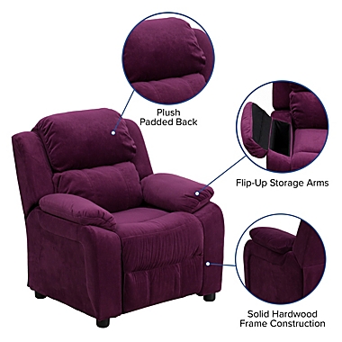 Flash Furniture Charlie Deluxe Padded Contemporary Purple Microfiber Kids Recliner with Storage Arms. View a larger version of this product image.