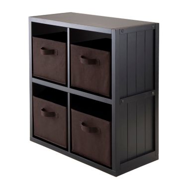 Winsome 2 x 2 Storage Cube Wooden Wainscoting Panel Shelf 5-Pc With 4 Chocolate Fabric Baskets. View a larger version of this product image.