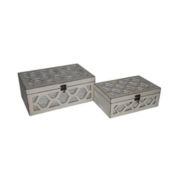 Cheungs Home Decorative Set of 2 White Wooden Boxes with Front and Top Mirror with Wood Morrocan Overlay