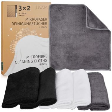 LIVAIA Microfiber Cleaning Cloth 6 Microfiber Cleaning Cloths In White Grey, Black. View a larger version of this product image.