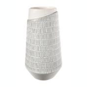 Urban Trends Collection Ceramic Round Vase with Embossed Vertical Cut Off Line Pattern Design Body and Tapered Bottom LG Gloss Finish White