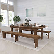 Merrick Lane Mollie 8&#39; x 40" Folding Farmhouse Style Dining Table and Two Bench Set in Antique Rustic