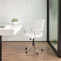 Emma + Oliver Mid-Back White LeatherSoft Executive Swivel Office Chair - Rose Gold Frame/Arms