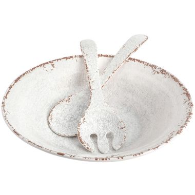 Laurie Gates Mauna 3 Piece Melamine Serving Bowl Set in White with Serving Utensils. View a larger version of this product image.