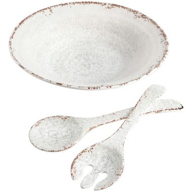 Laurie Gates Mauna 3 Piece Melamine Serving Bowl Set in White with Serving Utensils. View a larger version of this product image.