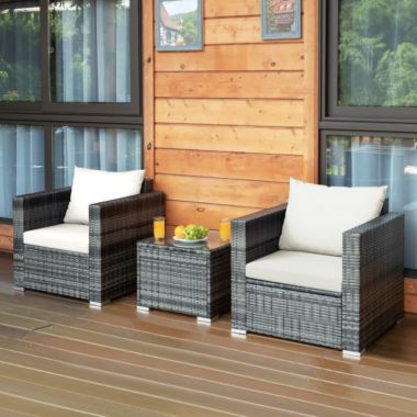 Costway 3 Pcs Patio Rattan Furniture Bistro Sofa Set with Cushioned-White. View a larger version of this product image.