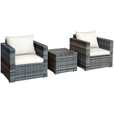 Costway 3 Pcs Patio Rattan Furniture Bistro Sofa Set with Cushioned-White. View a larger version of this product image.