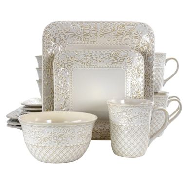 Elama Ivory Lotus 16 Piece Square Dinnerware Set. View a larger version of this product image.