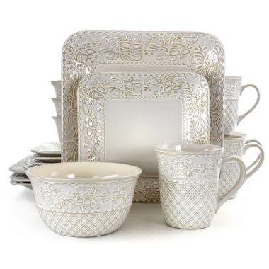 Elama Ivory Lotus 16 Piece Square Dinnerware Set. View a larger version of this product image.