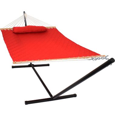 Sunnydaze 2-Person Quilted Double Hammock with Spreader Bars with Freestanding Stand - 400 lb Weight Capacity/12' Stand - Red. View a larger version of this product image.