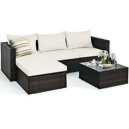 Slickblue 5 Pieces Patio Rattan Sectional Furniture Set with Cushions and Coffee Table -Off White