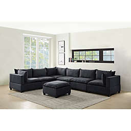 Contemporary Home Living Set of 7 Shadow Gray Madison Fabric Modular Sectional Sofa with Ottoman, 13'
