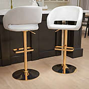 Emma + Oliver 2PK White Vinyl Adjustable Height Barstool with Rounded Mid-Back and Gold Base