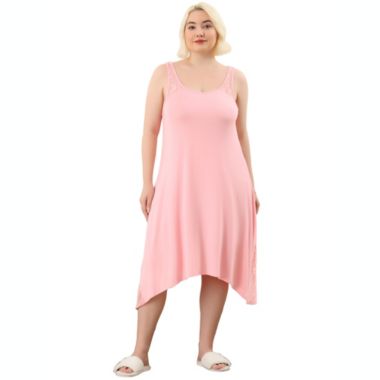 Agnes Orinda Women's Plus Size Sleep Dress Lace Insert Sleeveness Irregular Hem Nightgown, Rayon Sleepwear Sleepshirts Nightdress Loose Fit Gown Dress, Pink, 3X. View a larger version of this product image.