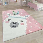 Paco Home Cute Kids Rug with Llama for Nursery in Pink White