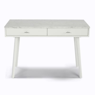 The Bianco Collection Viola 44" Rectangular Italian Carrara White Marble Writing Desk with White Legs