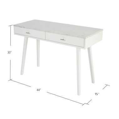 The Bianco Collection Viola 44" Rectangular Italian Carrara White Marble Writing Desk with White Legs. View a larger version of this product image.