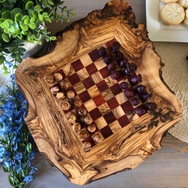 BeldiNest Chess set - 14.5-inch Rustic Olive Wood Wooden Chess & Set - Board and Chess Pieces with Live Edge Wood w/ 2 Storage Drawer /W - 2.1 inch King Height.. View a larger version of this product image.
