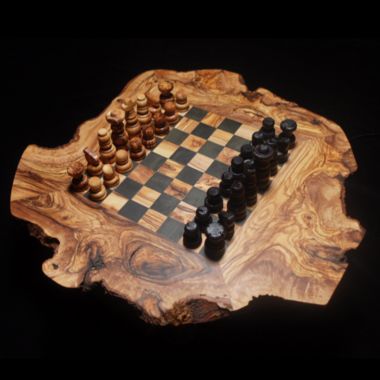 BeldiNest Chess set - 14.5-inch Rustic Olive Wood Wooden Chess & Set - Board and Chess Pieces with Live Edge Wood w/ 2 Storage Drawer /W - 2.1 inch King Height.. View a larger version of this product image.