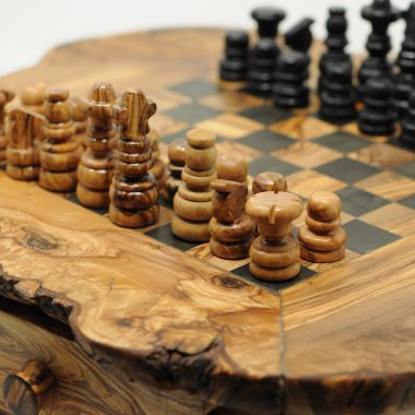 BeldiNest Chess set - 14.5-inch Rustic Olive Wood Wooden Chess & Set - Board and Chess Pieces with Live Edge Wood w/ 2 Storage Drawer /W - 2.1 inch King Height.. View a larger version of this product image.
