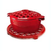 Plow & Hearth 2.3 QT. Cast Iron Lattice Wood Stove Steamer and Trivet Set, in Red
