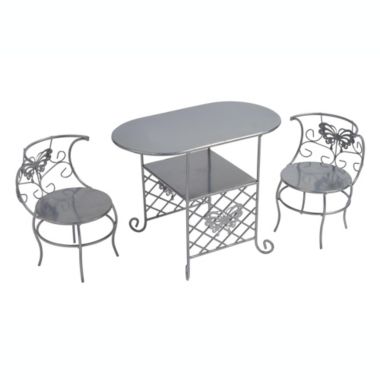 Badger Basket Co. Tea Time Metal Doll Table and Chair Set with Accessories - Silver, Pink, Multi. View a larger version of this product image.