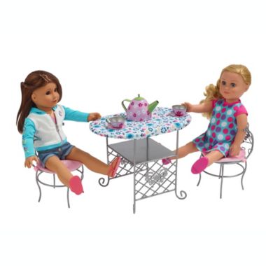 Badger Basket Co. Tea Time Metal Doll Table and Chair Set with Accessories - Silver, Pink, Multi. View a larger version of this product image.