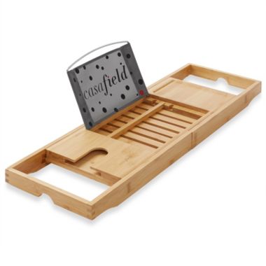 Casafield Bamboo Bathtub Caddy - Luxury Expandable Bath Tray - Adjustable Tub Organizer Holder for Tablet, Book, Phone, Wine Glass, Candles, and Soap. View a larger version of this product image.