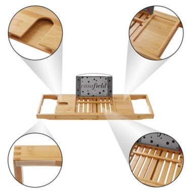 Casafield Bamboo Bathtub Caddy - Luxury Expandable Bath Tray - Adjustable Tub Organizer Holder for Tablet, Book, Phone, Wine Glass, Candles, and Soap. View a larger version of this product image.