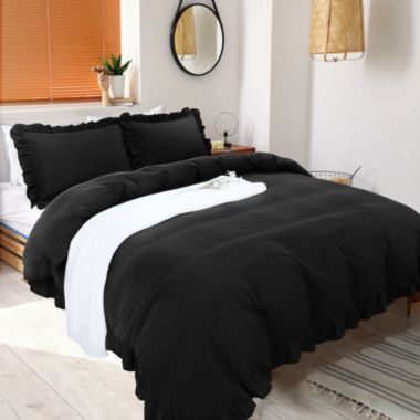 PiccoCasa 3 Pieces King Black Soft Duvet Cover Sets, 110GSM Ruffle Fringe Brushed Breathable Comdy Bed Comforter Quilt Cover Sets (1 Duvet Cover + 2 Pillowcases) with Corner Ties. View a larger version of this product image.