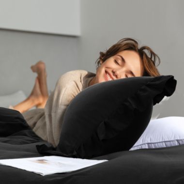 PiccoCasa 3 Pieces King Black Soft Duvet Cover Sets, 110GSM Ruffle Fringe Brushed Breathable Comdy Bed Comforter Quilt Cover Sets (1 Duvet Cover + 2 Pillowcases) with Corner Ties. View a larger version of this product image.