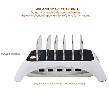 Trexonic 12A 5-Port USB Charging Station with 5 Device Slots and Power Button, White. View a larger version of this product image.