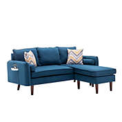 Saltoro Sherpi Ranon 70 Inch Sectional Chaise Sofa, Pillows, USB Ports, Side Pockets, Blue -