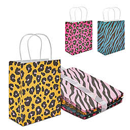 Sparkle and Bash Leopard & Zebra Print Party Favor Gift Bags for Safari Birthday (4 Colors, 24 Pack)