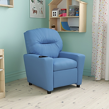 Flash Furniture Chandler Contemporary Light Blue Vinyl Kids Recliner with Cup Holder. View a larger version of this product image.