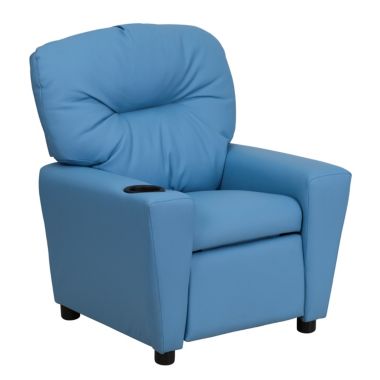 Flash Furniture Chandler Contemporary Light Blue Vinyl Kids Recliner with Cup Holder. View a larger version of this product image.