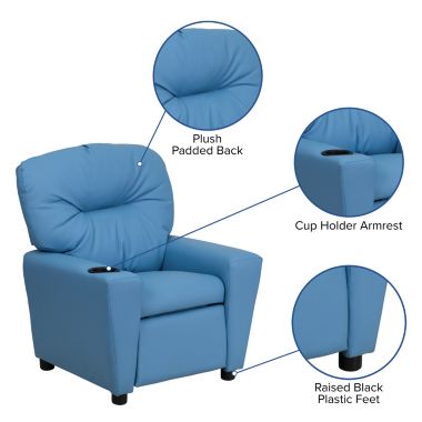 Flash Furniture Chandler Contemporary Light Blue Vinyl Kids Recliner with Cup Holder. View a larger version of this product image.