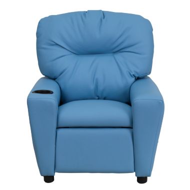 Flash Furniture Chandler Contemporary Light Blue Vinyl Kids Recliner with Cup Holder. View a larger version of this product image.