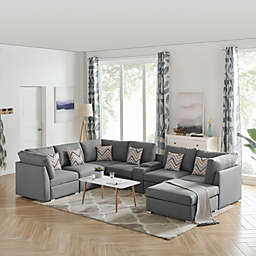Contemporary Home Living Set of 8 Gray Fabric Reversible Modular Sectional Sofa with USB Console and Ottoman, 10.75'