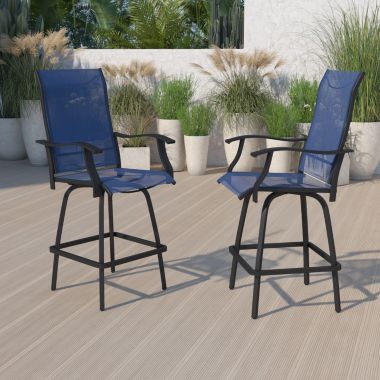 Flash Furniture Valerie Patio Bar Height Stools Set of 2, All-Weather Textilene Swivel Patio Stools with High Back & Armrests in Navy. View a larger version of this product image.