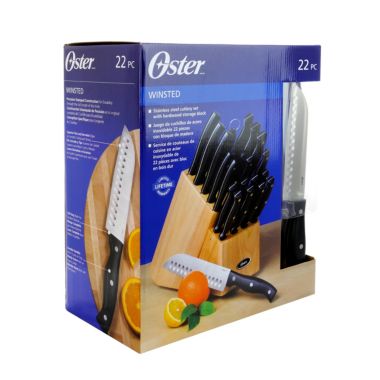 Oster Winstead 22 Piece Stainless Steel Cutlery Set with Black Handles and Wooden Block. View a larger version of this product image.