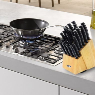 Oster Winstead 22 Piece Stainless Steel Cutlery Set with Black Handles and Wooden Block. View a larger version of this product image.