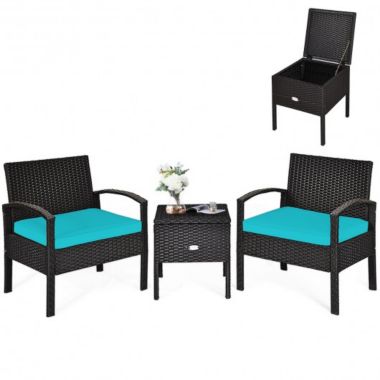 Costway 3 Piece PE Rattan Wicker Sofa Set with Washable and Removable Cushion for Patio-Turquoise. View a larger version of this product image.