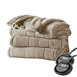 Sunbeam Queen Size Electric MicroPlush Heated Blanket with Dual Digital Controllers in Mushroom