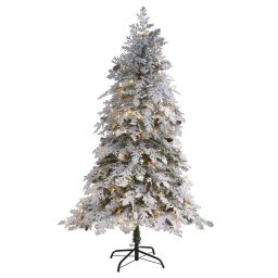 HomPlanti 6' Flocked Montana Down Swept Spruce Artificial Christmas Tree with 250 Clear LED Lights