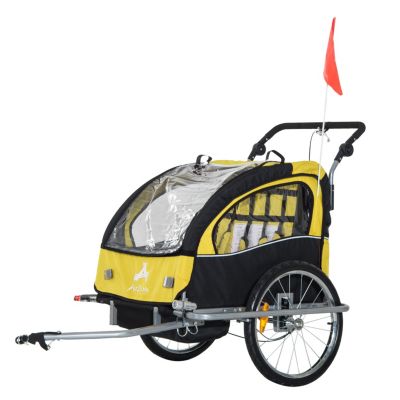 Aosom Elite 360 Swivel 2-In-1 Double Child Two-Wheel Bicycle Cargo Trailer Stroller With 2 Security Harnesses, Yellow