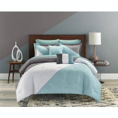 NY&C Home Kinsley 9 Piece Comforter Set Color Block Design Distressed Stripe Print Bed In A Bag Bedding - Sheets Pillowcases Decorative Pillows Shams Included,King , Blue. View a larger version of this product image.