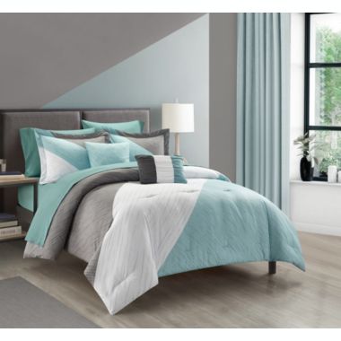 NY&C Home Kinsley 9 Piece Comforter Set Color Block Design Distressed Stripe Print Bed In A Bag Bedding - Sheets Pillowcases Decorative Pillows Shams Included,King , Blue. View a larger version of this product image.